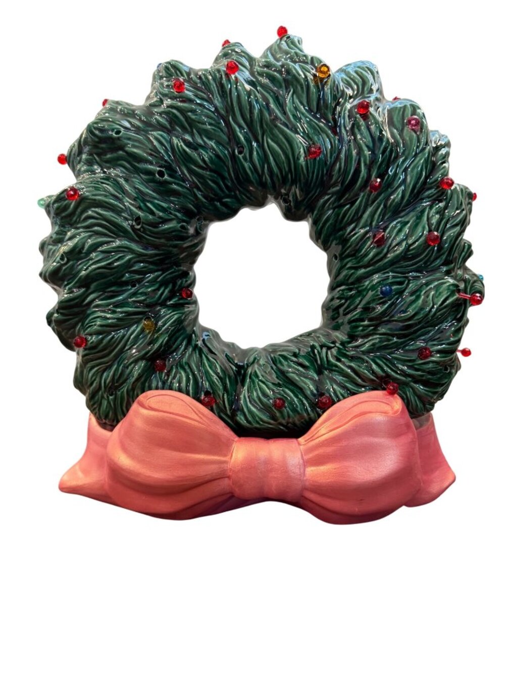 Vintage Ceramic Light-Up Christmas Wreath Decoration With Bow & Multicolor Bulbs - Picture 2 of 16